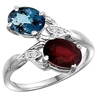 10K White Gold Diamond Natural London Blue Topaz & Quality Ruby 2-Stone Mothers Ring Oval 8x6mm,Size 5-10