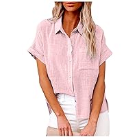 Blouses for Women Short Sleeve Shirts Business V Neck Casual Cotton Linen Tops Button Up Loose Fit Comfy Soft T-Shirt