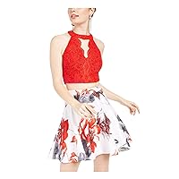 Womens Red Lace Glitter Zippered Sleeveless Halter Party Top Juniors 13
