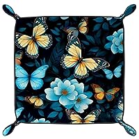 Blue Flowers Butterfly Microfiber Leather Dice Trays Folding for RPG DND Table Games, Leather Dice Holder Storage Box Portable Folding Rolling Dice Tray, 20.5x20.5cm