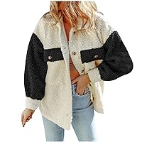 2023 Winter Fuzzy Color Block Jacket for Womens Lapel Button Down Fashion Coats Casual Loose Outerwear with Pockets