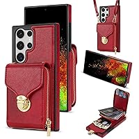 ONNAT- PU Leather Case for Samsung Galaxy S24 Ultra/S24 Plus/S24 with Zipper and Metal Snap Purse Card Slots with Detachable Long Shoulder Strap with Kickstand Function (S24 Ultra,Red)