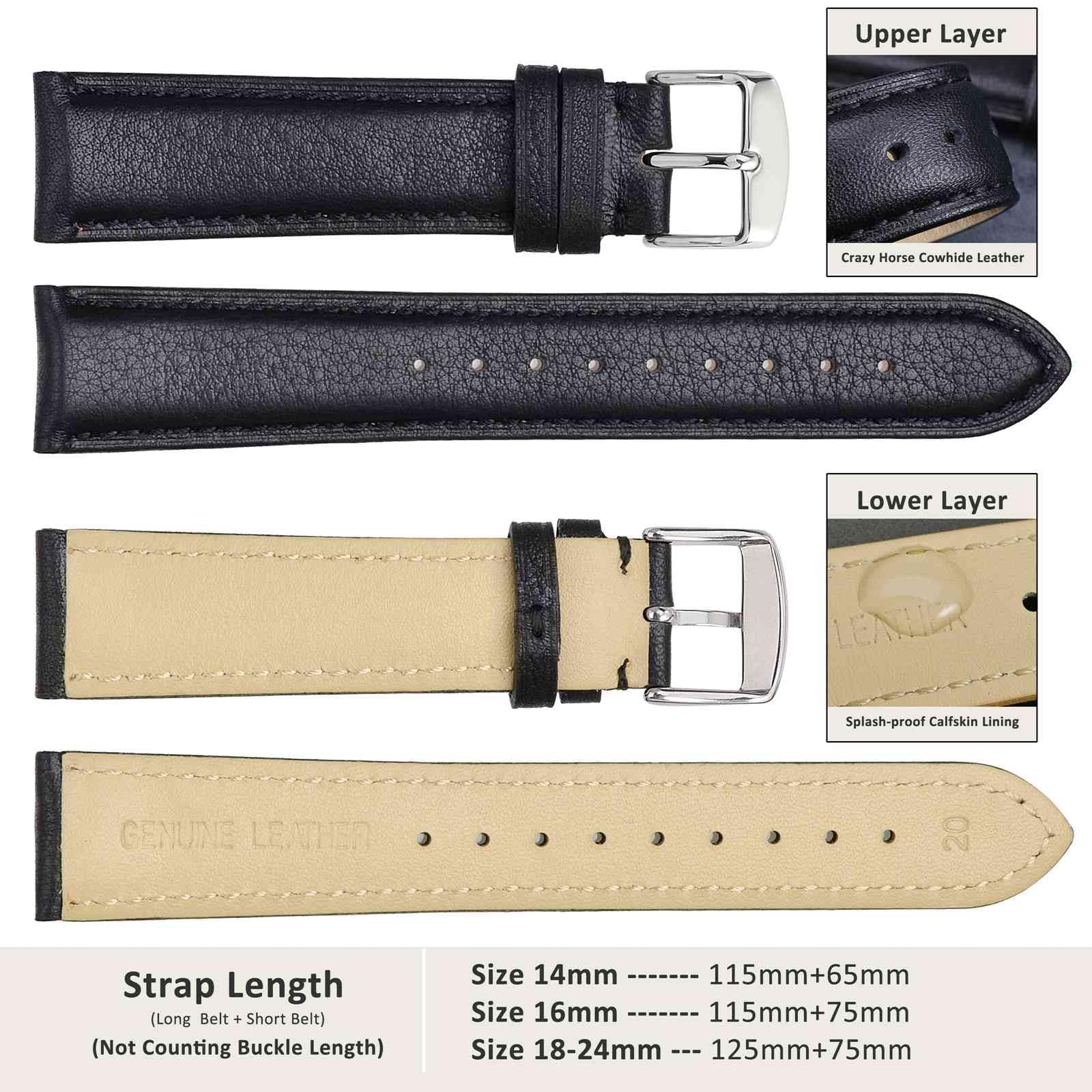 WOCCI Leather Watch Band, Vintage Replacement Strap, Stainless Steel Buckle, Choice of Width 14mm 16mm 18mm 19mm 20mm 21mm 22mm 23mm 24mm