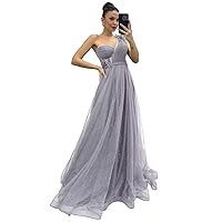 CWOAPO One Shoulder Tulle Prom Dresses Sparkly Long Ball Gowns for Women Lace Appliques Wedding Evening Dress