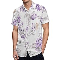 Lavender Purple Floral Print Men's Shirts Short Sleeve Hawaiian Shirt Beach Casual Work Shirt Tops