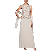 Alex Evenings Women's Long Embroidered Sleeveless Mock Dress with Shawl