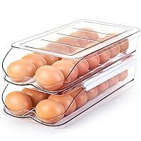 Egg Holder for Fridge, Automatic Rolling Egg Container for Refrigerator, Stackable Fridge Organizers and Storage with Lid, Clear Plastic Egg Dispenser & Tray (2 Tier)