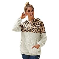 Ladies Leopard Print Double-Faced Fleece Hooded Ladies Sweater top Pullover Coat Sweatshirt White