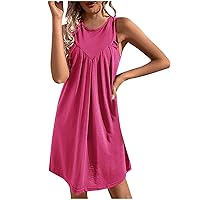 IGUANDZ Women's Summer Tunic Dresses Casual Sleeveless Babydoll Sundress Crewneck Pleated Vacation/Daily Solid Mini Dress