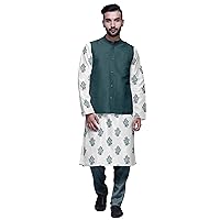 Printed Kurta with Solid Pajama & Nehru Jacket Set for Mens Party Wear