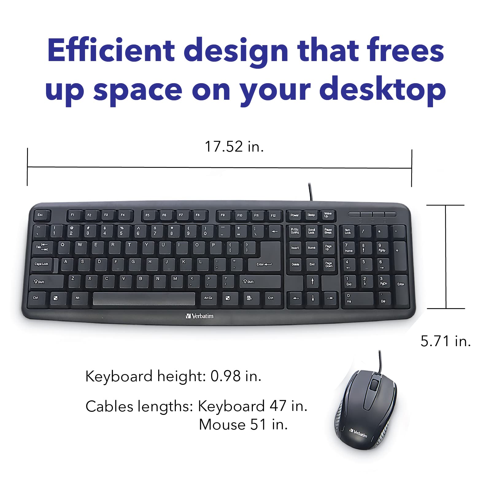 Verbatim Slimline Wired Keyboard and Mouse Combo USB Plug-and-Play Numeric Keypad Adjustable Tilt Legs Optical Corded Mouse Full-Size Computer Keyboard Compatible with PC, Laptop - FFP Packaging Black