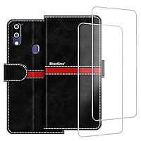 Phone Case Compatible with Gionee M11 + [2 Pack] Screen Protector Glass Film, Premium Leather Magnetic Protective Case Cover for Gionee M11S (6.3 inches) Black