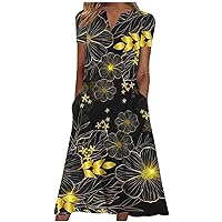 Women's Bohemian Floral Print Maxi Dresses with Pockets Short Sleeve V Neck Flowy Casual Loose Summer Dress for Women