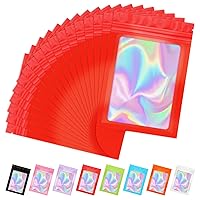 50Pcs Resealable Bags for Food Storage 4x6Inch Holographic Bags with Clear Window Foil Pouch Packaging Bag Self Sealing Bag for Party Favors, Lipgloss, Jewelry, Candy Red