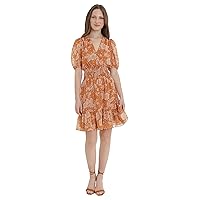 Donna Morgan Women's Floral Printed Gold Glitter Stripe V-Neck Dress with Smocked Waist and Tiered Skirt