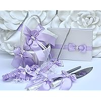 Wedding Accessories Set, Flower Girl Basket, Ring Bearer Pillow, Guest Book with Pen, Bridal Garter Set and Cake Serving Set in Ivory and Lavender Color