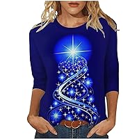 Xmas Basic Tops for Woman 3/4 Length Sleeve Crew Neck Comfy Blouses Plus Size Holiday Casual T Shirt Travel Top