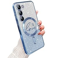 for Samsung Galaxy S23 Case Magnetic,for Women Girl Soft Cute Luxury Love Heart Plating Bling Gradient Glitter Phone Case Compatible with MagSafe Clear Shockproof Back Cover 6.1”-Blue