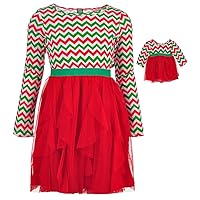 Girls' Little Sparkle Chevron Cascading Dress & Matching Doll Outift, red/Green, 6X