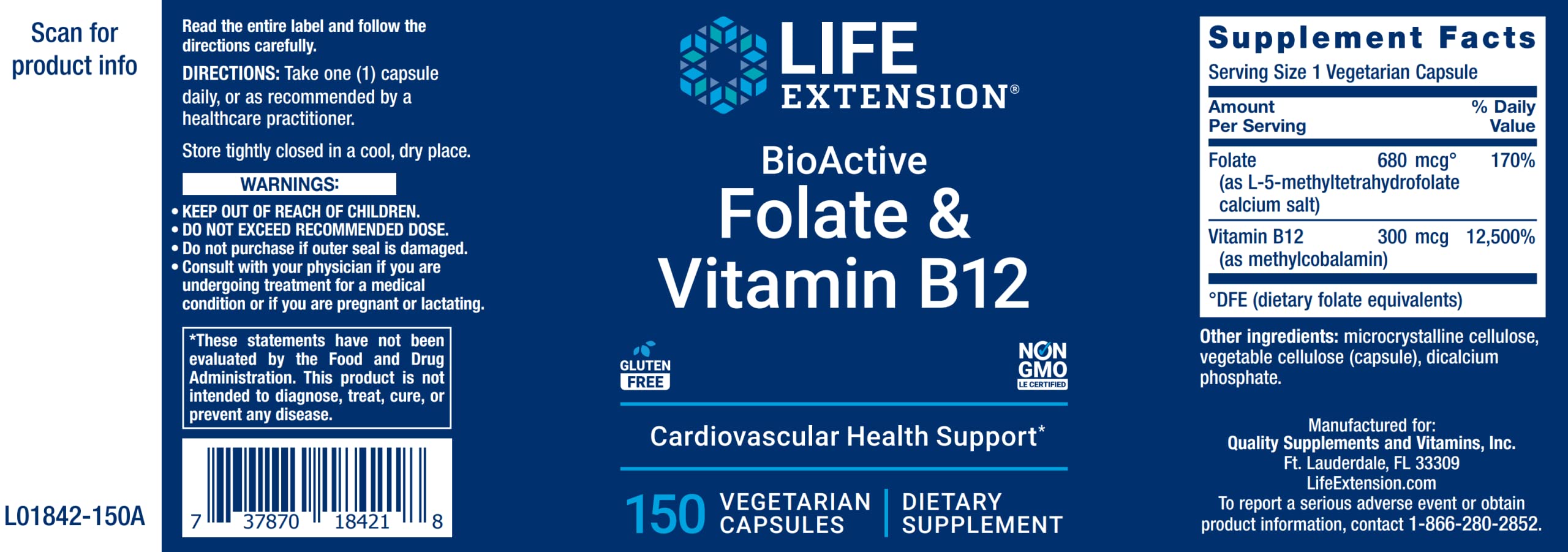 Life Extension BioActive Folate & Vitamin B12, 150 Vegetarian Capsules - B-9 L Methyl Folic Acid (5-MTHF) & B-12 Cofactor Veg Caps - Non GMO, Gluten Free B9 Supplement - Supports Mood, Methylation