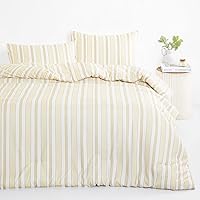 Wake In Cloud - Cream Comforter Set King Size, 3 Pieces Lightweight Bedding for College Men and Women, Ivory Beige Striped Stripes Ticking Neutral Farmhouse Aesthetic