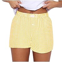 Women's Lounge Shorts Cute Soft Elastic Low Waist Plaid Print Button Front Pajama Bottoms Loose Breathable Sleep Shorts