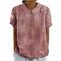 Summer Cotton Linen Lapel Pullover Tops Women Casual Floral Print Shirts Plus Size Short Sleeve Keyhole Back Blouses