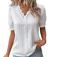 2024 Womens Lace Tops Short Sleeve V Neck T Shirts Casual Blouse Pleated Puff Sleeves Tunic Tee Business Work Shirt