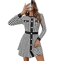 Women's Dress Houndstooth Print Button Front Dress (Color : Black and White, Size : Large)