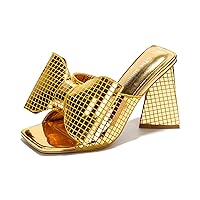 Cape Robbin Discoball Bow High Heels for Women - Metallic Heels for Women - Women's Shiny Disco Ball Shoes - Chunky Block Heels with Bow Tie & Square Open Toe