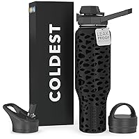COLDEST Sports Water Bottle - 3 Lids (Chug Lid, Straw Lid, Handle Lid) Tumbler with Handle on Lid Water Bottles Cup Vacuum Insulated Stainless Steel, Fits Cirkul Lid (46 oz, Black Leopard)