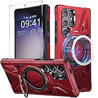 Magnetic Case for Samsung Galaxy S24 Ultra 6.7-Inch, [Work with Wireless Charger][Ring Kickstand & Screen Protector] 14FT Military Grade Drop Protection Shockproof Protective Case-Red