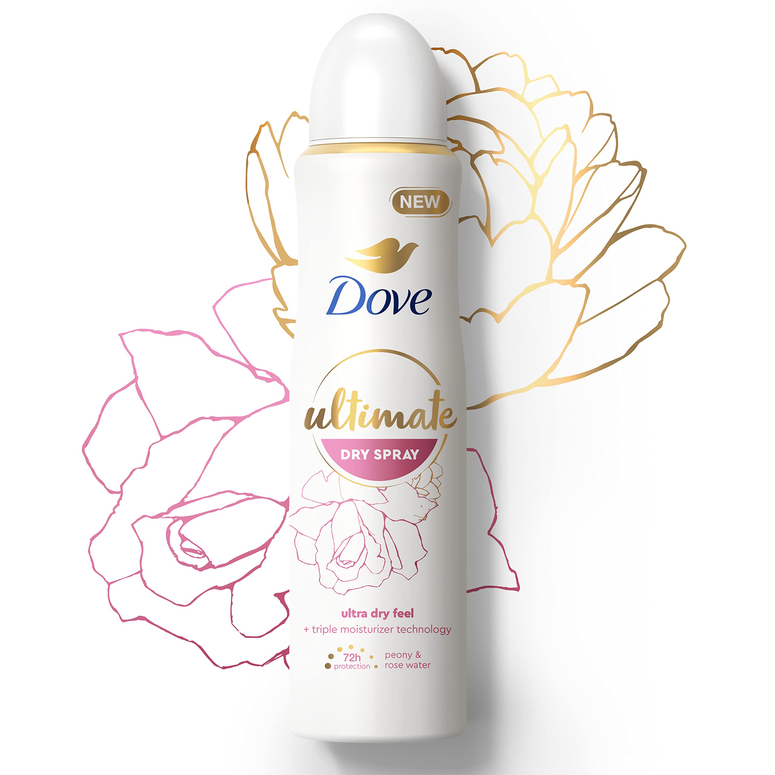 Dove Ultimate Dry Spray Antiperspirant Peony And Rose Water 2 Count For 72-Hour Sweat And Odor Protection With Triple Moisturizer Technology 3.8oz