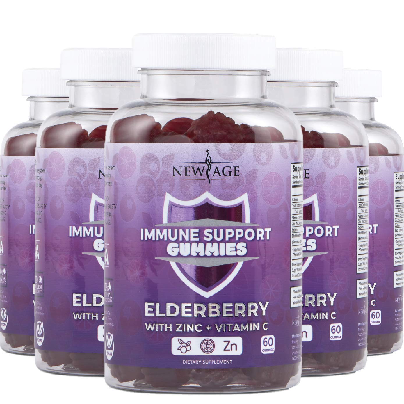 New Age Immune System Support Gummies - Sambucus Black Elderberry Gummies with Vitamin C and Zinc - All Natural Immunity Gummies - (5 Pack 300 Count)