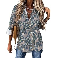 Funny Sloths Hanging on The Tree Blouses for Women Hawaiian Button Down Long Sleeve Shirts Tees Tops