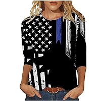 American Flag T Shirt for Women 4th of July Tops Patriotic Star Striped Print Blouse Independence Day 3/4 Length Sleeve Tees