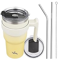 30oz Tumbler with Handle and 2 Straw 2 Lid, Insulated Water Bottle Stainless Steel Vacuum Cup Reusable Travel Mug,Lemon
