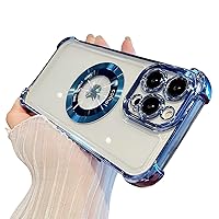 for iPhone 15 Pro Max Magnetic Transparent Case,Luxury Bling Four Corners Shockproof Military-Grade Protection with Camera Lens Protector MagSafe Clear Plating Cover for Women Girls Men-Blue