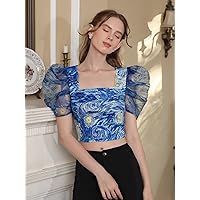 Women's Tops Women's Shirts Allover Print Puff Sleeve Blouse Women's Tops Shirts for Women (Color : Multicolor, Size : Large)