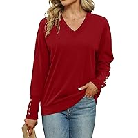 Women's Tops and Blouses Loose Casual V-Neck T Shirt Solid Colour Long Sleeve Button Top T Shirts, S-3XL