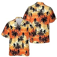 Colorful Bigfoot Sasquatch Coconut Tree Mountain Sunset Hawaiian Shirt S-5XL