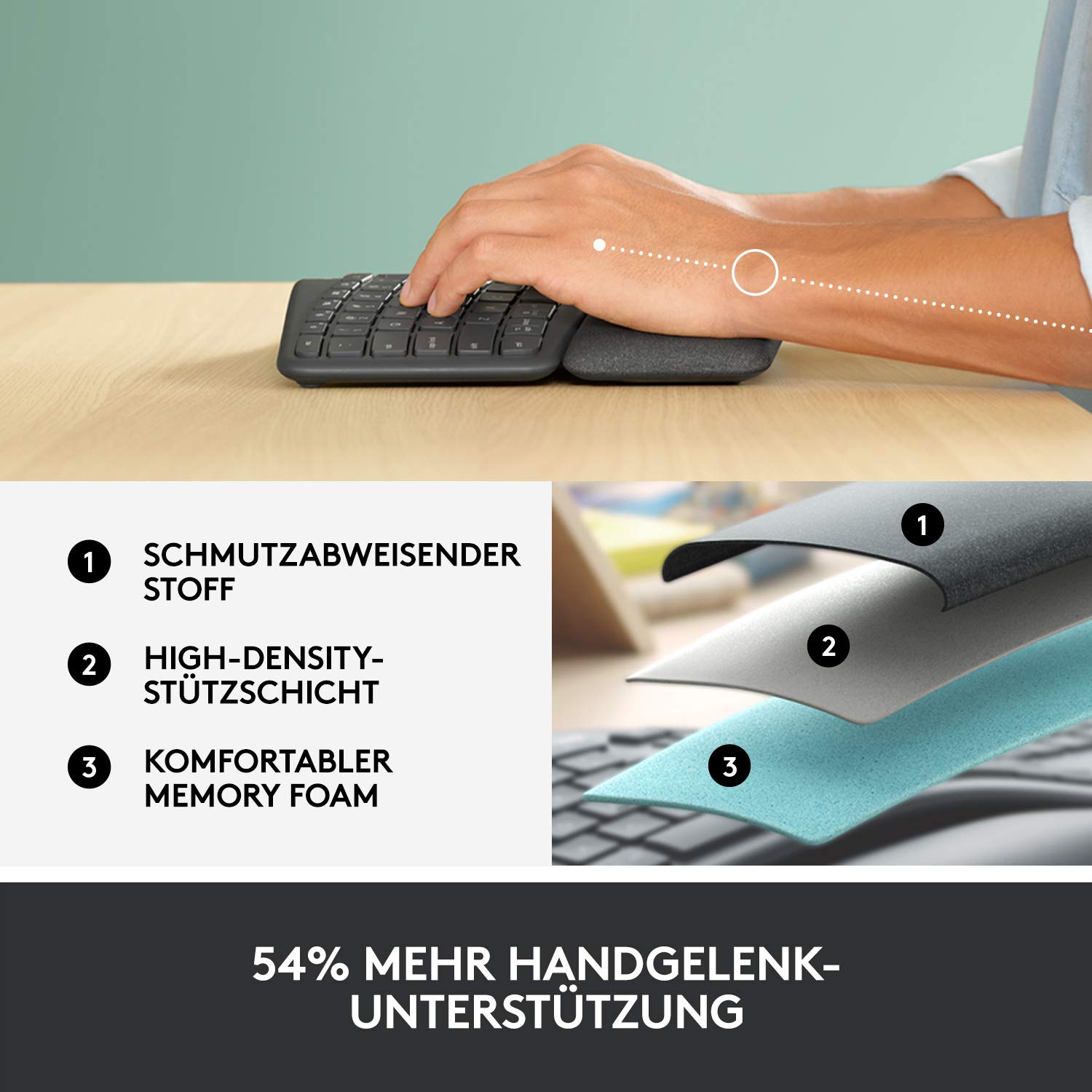 Logitech ERGO K860 kabellose ergonomische Tastatur – geteilte Tastatur, Handballenauflage, natürliches Tippen, schmutzabweisendes Material, Bluetooth und USB-Verbindung, für Windows/Mac - Graphit