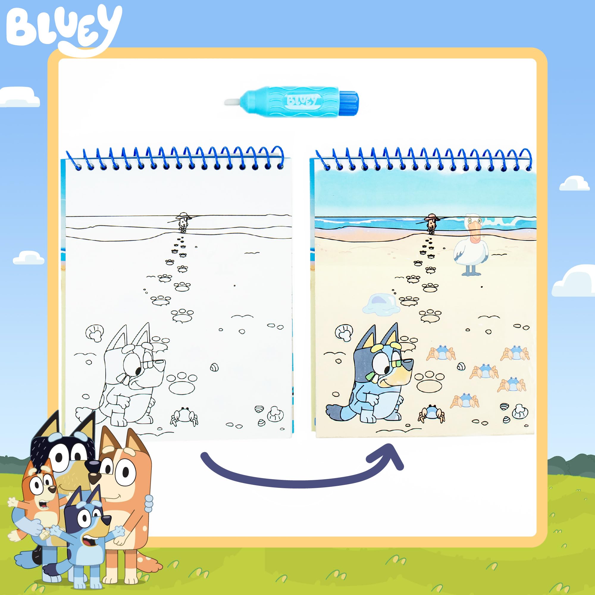 Bluey Aqua Art, Includes 4 Reusable Pages of Water Art & Water Pen, Color with Water Book, Water Reveal Activity Book, Paint with Water Books, Water Doodle Book, Reusable No-Mess Art Book
