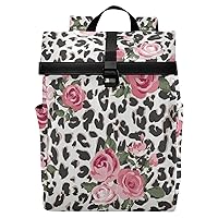 ALAZA Pink Rose Flower Leopard Cheetah Print Large Laptop Backpack Purse for Women Men Waterproof Anti Theft Roll Top Backpack, 13-17.3 inch