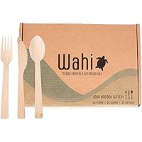 HAWAII 100 pc Bamboo Utensil Cutlery Set Disposable, 100% Compostable Eco-Friendly Biodegradable, Wood Like, Natural (50 forks, 25 spoons, 25 knives) for Wedding Kitchen Picnic Party Camping
