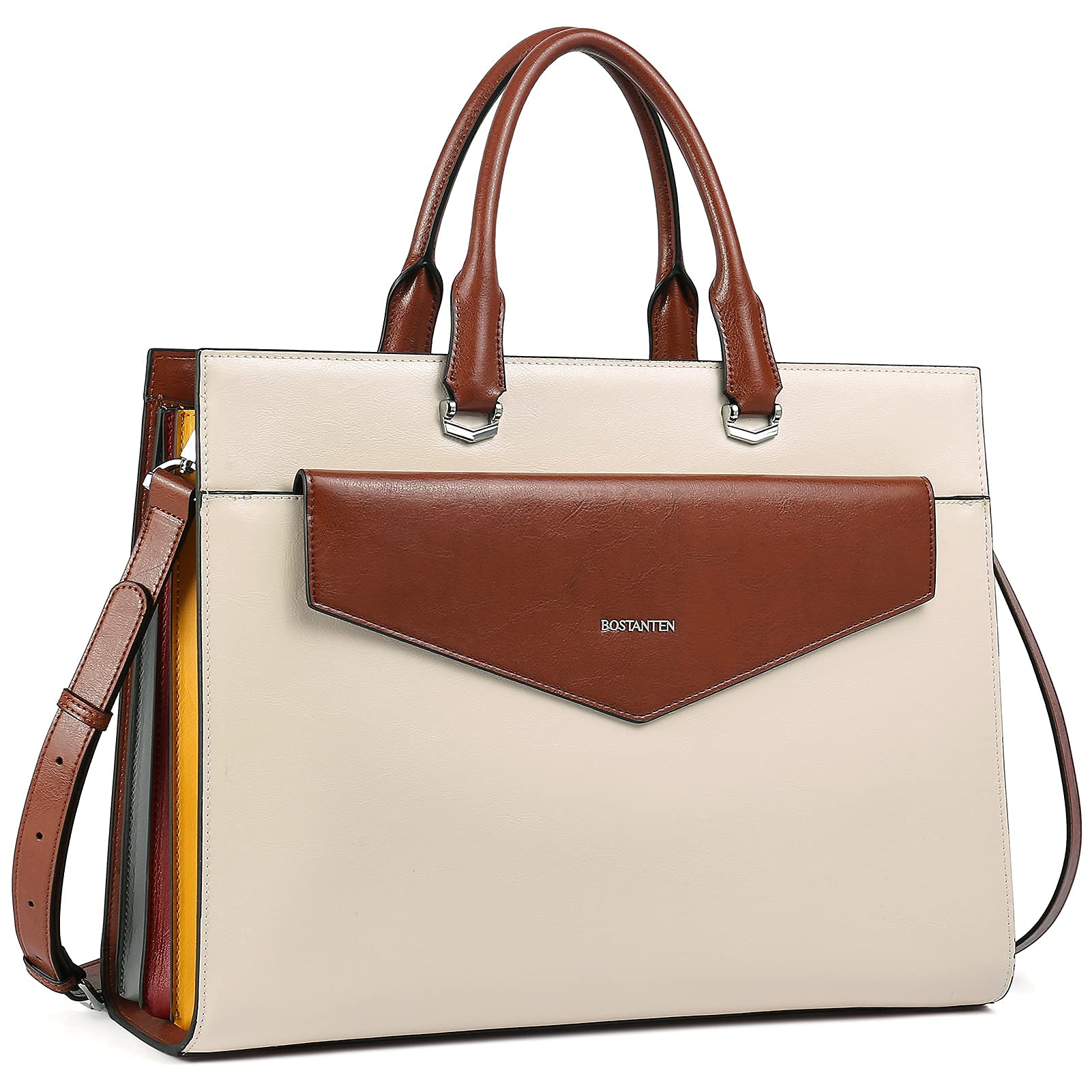 BOSTANTEN Briefcase for Women Laptop Tote 15.6 Inch Genuine Leather Handbag Work Bag Beige bundle Womens Wallet