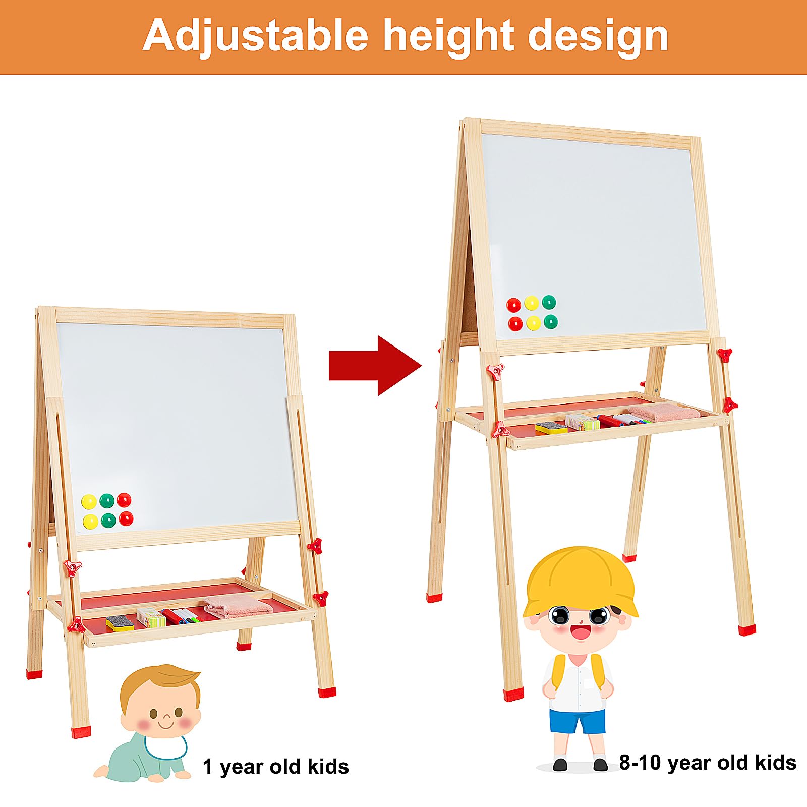 OMOTIYA Adjustable Wooden Easel for Kids, Standing Art Easel for Kids 3, 4, 5, 6, 7, 8 Years Old Boy & Girls, Foldable Toy Painting Easel for Children with Chalkboard & Magnetic Whiteboard