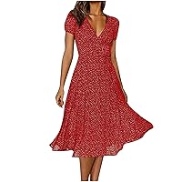Women Summer Polka Dot Printed Dress V Neck Short Sleeve Midi Casual Flowy Dress Knee Length Elegant Teacher Dresses (XX-Large, Red)