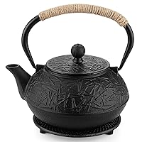 Cast Iron Teapot, Japanese Teapot Literary Retro Pattern with Anti-scalding Handle,Trivet Base, Stainless Steel Filter 30oz/0.9L (Pine needle pattern)