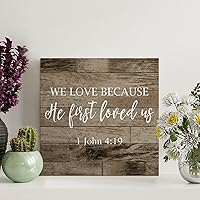 LITTLEGROVE SEEDS Rustic Wooden Pallet Sign We Love Because He First Loved Us 1 John 4 19 Signs 8x8in Farmhouse Wall Art Wall Hanger Family Wall Decor for Home Kitchen Living Room Coffee Bar